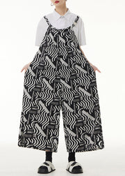 Loose Black Print Pockets Patchwork Silk Cotton Jumpsuits Sleeveless