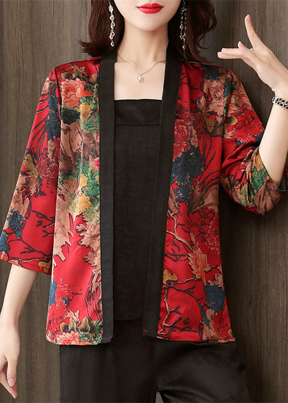 Loose Black Print Silk Cardigan Long Sleeve