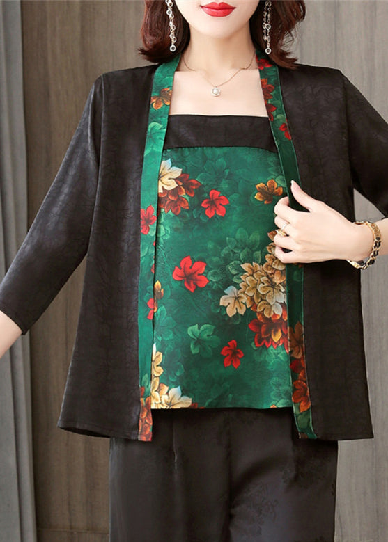 Loose Black Print Silk Cardigan Long Sleeve