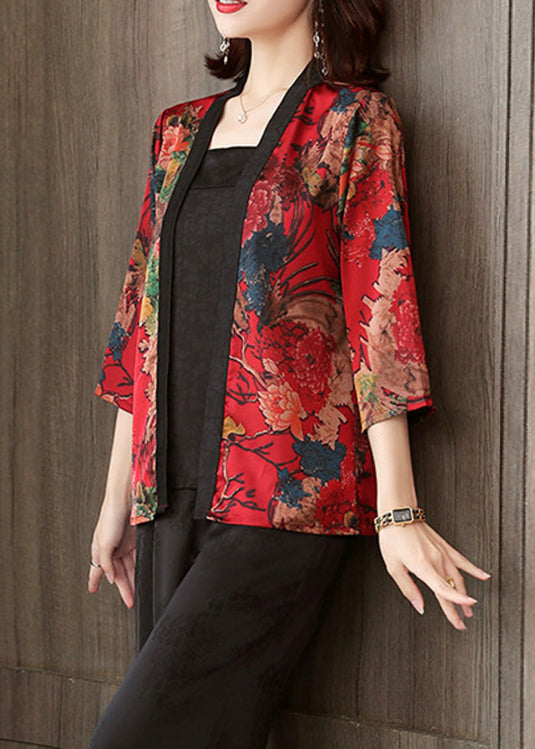 Loose Black Print Silk Cardigan Long Sleeve