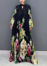 Loose Black Print Wrinkled Patchwork Chiffon Long Dresses Fall