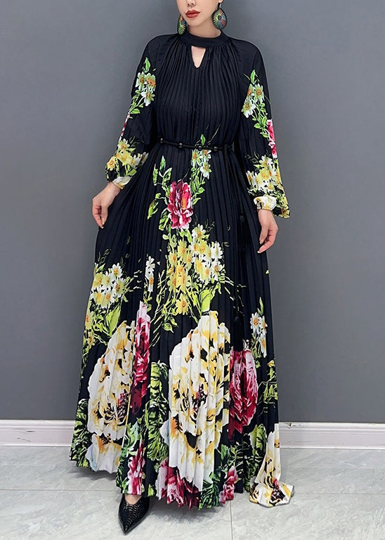 Loose Black Print Wrinkled Patchwork Chiffon Long Dresses Fall