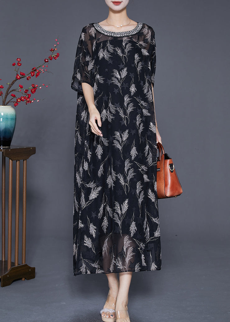 Loose Black Print Zircon Draping Chiffon Two Pieces Set Summer