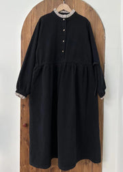 Loose Black Ruffled Button Cotton Long Dress Spring