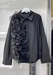 Loose Black Ruffled Button Patchwork Cotton Shirt Spring