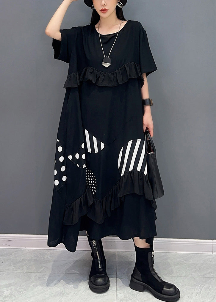 Loose Black Ruffled Print Cotton Long Dresses Summer