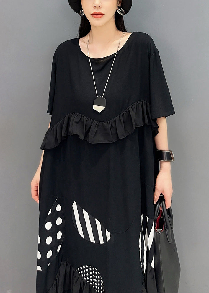 Loose Black Ruffled Print Cotton Long Dresses Summer