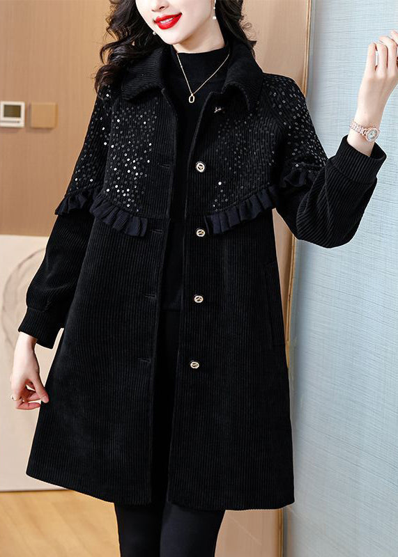 Loose Black Ruffled Sequins Patchwork Thick Coats Spring