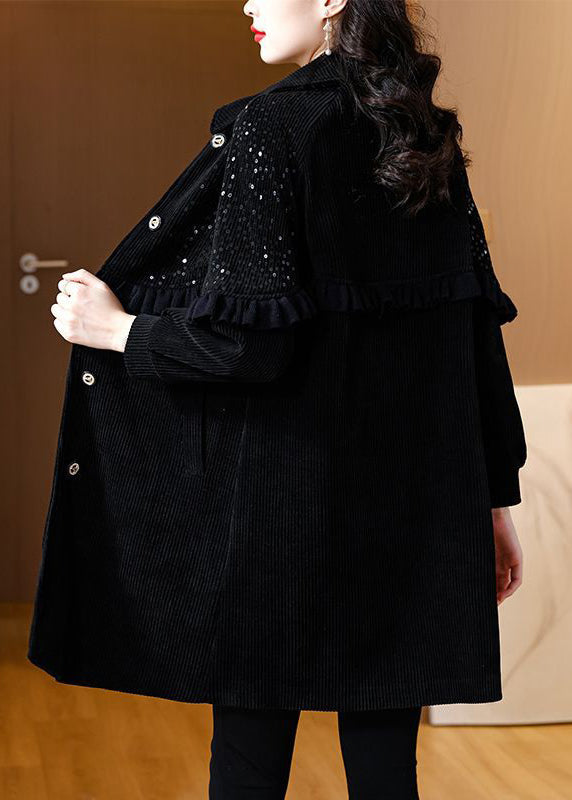 Loose Black Ruffled Sequins Patchwork Thick Coats Spring