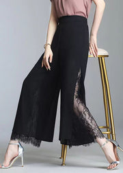 Loose Black Side Open Lace Patchwork Chiffon Crop Pants Summer