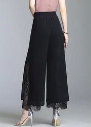 Loose Black Side Open Lace Patchwork Chiffon Crop Pants Summer