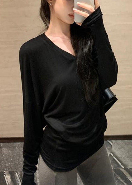 Loose Black Solid Cozy Cotton T Shirts Batwing Sleeve