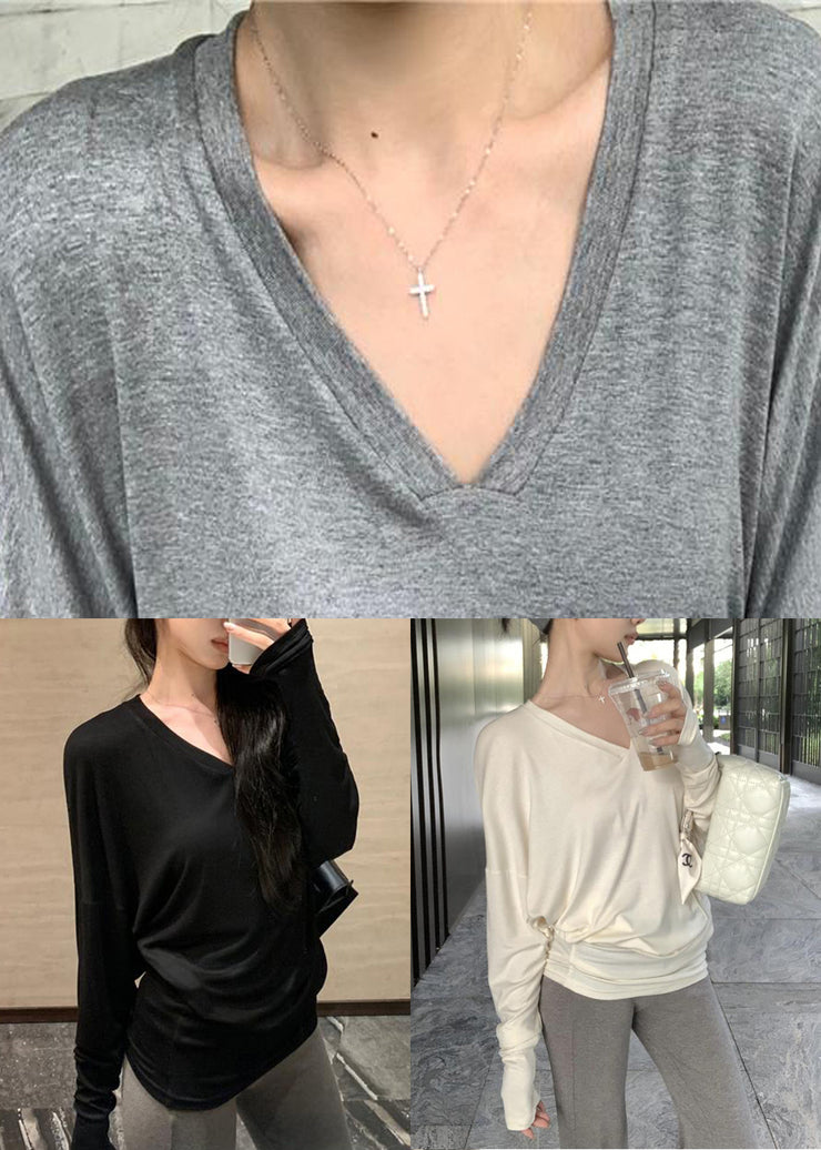 Loose Black Solid Cozy Cotton T Shirts Batwing Sleeve