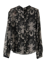 Loose Black Square Collar Print Zircon Chiffon Top Fall