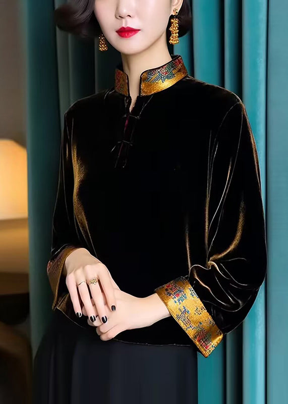 Loose Black Stand Collar Button Silk Velour Top Long Sleeve