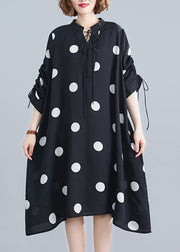 Loose Black Stand Collar Dot Lace Up Chiffon Dresses Spring