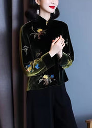 Loose Black Stand Collar Embroidered Patchwork Silk Velour Top Long Sleeve