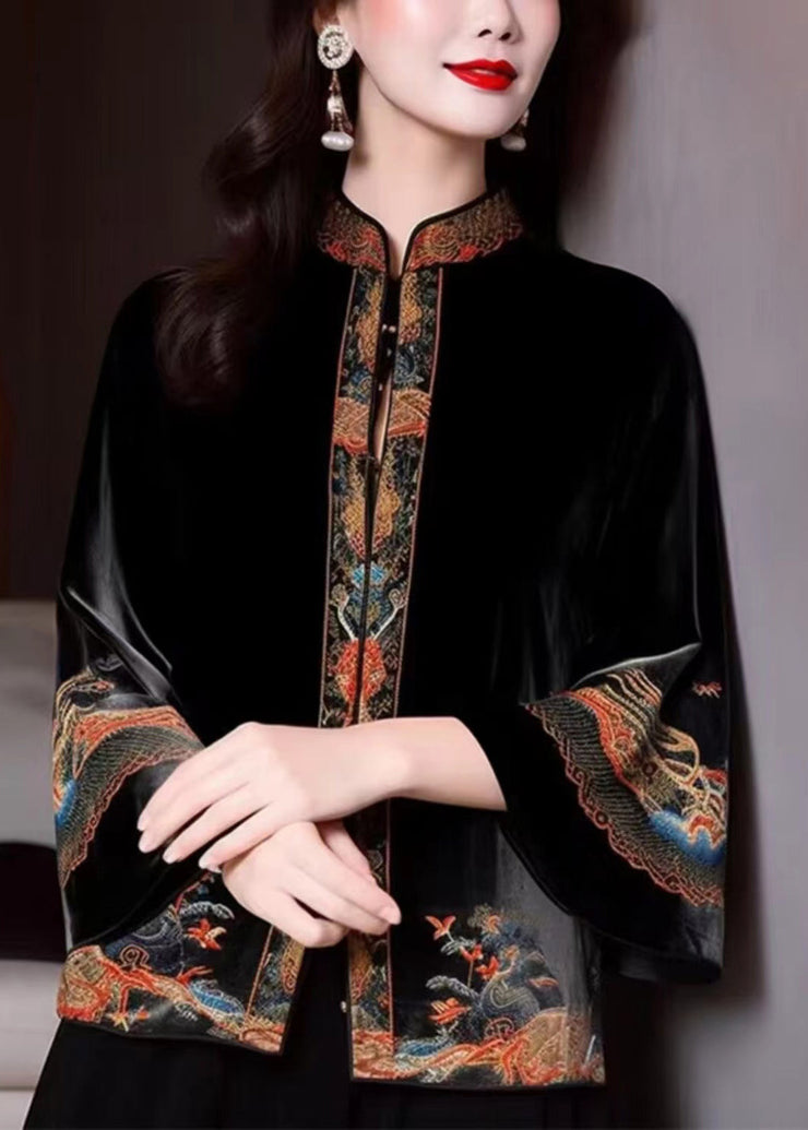 Loose Black Stand Collar Embroidered Silk Velour Coats Flare Sleeve