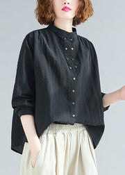 Loose Black Stand Collar Patchwork Cotton Shirt Tops Fall