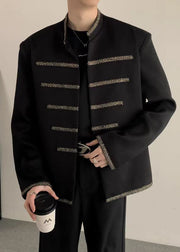 Loose Black Stand Collar Patchwork Spandex Mens Coats Spring