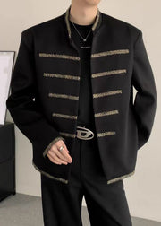 Loose Black Stand Collar Patchwork Spandex Mens Coats Spring