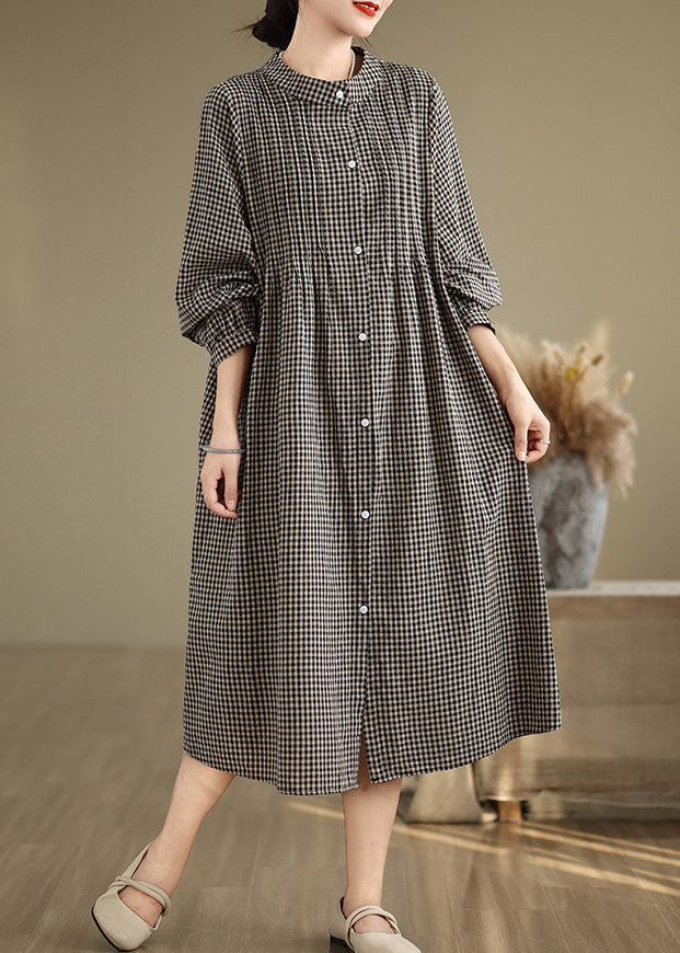 Loose Black Stand Collar Plaid Cotton Shirts Dresses Spring