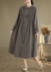 Loose Black Stand Collar Plaid Cotton Shirts Dresses Spring