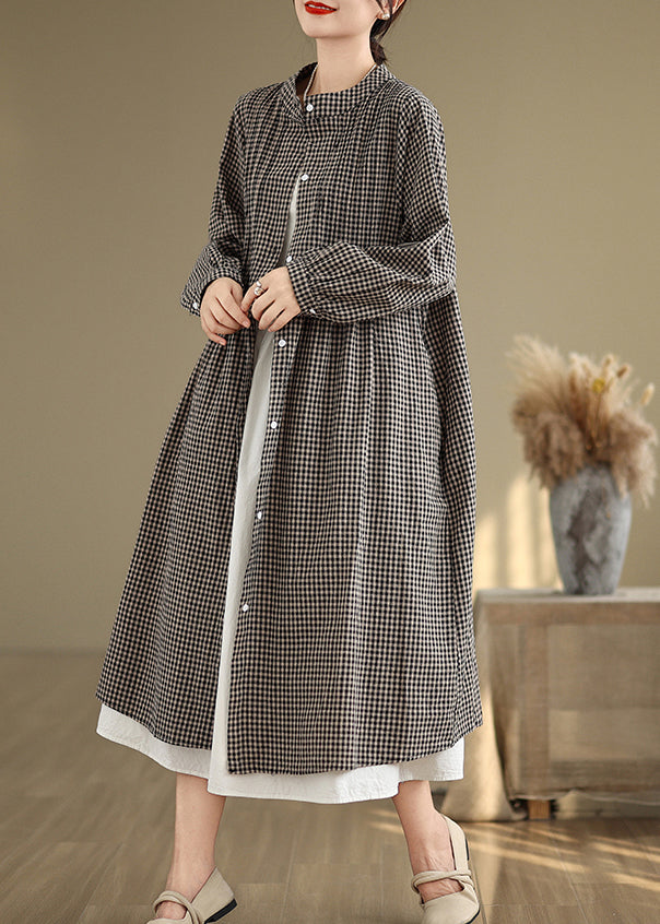 Loose Black Stand Collar Plaid Cotton Shirts Dresses Spring