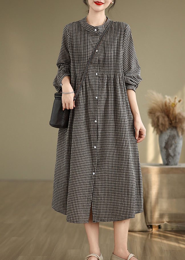 Loose Black Stand Collar Plaid Cotton Shirts Dresses Spring