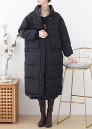 Loose Black Stand Collar Pockets Drawstring Thick Parka Long Sleeve