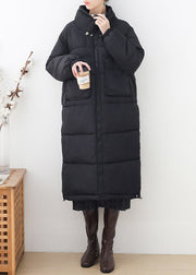 Loose Black Stand Collar Pockets Drawstring Thick Parka Long Sleeve