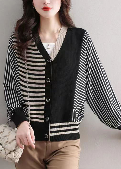 Loose Black Striped Button Patchwork Knit Cardigan Fall