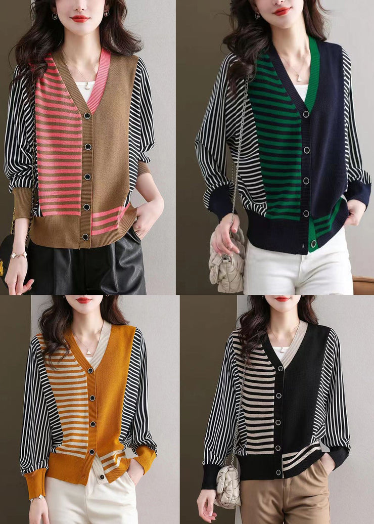 Loose Black Striped Button Patchwork Knit Cardigan Fall