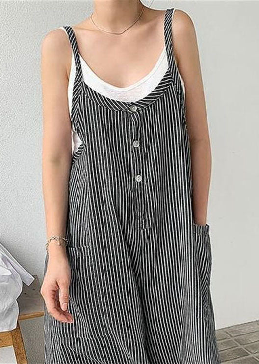 Loose Black Striped Cotton Spaghetti Strap Jumpsuit Summer