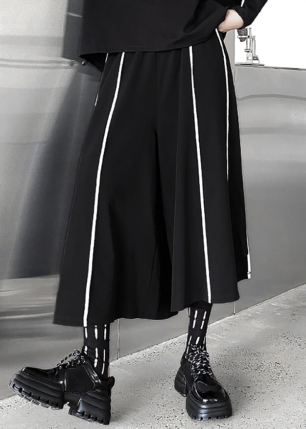 Loose Black Striped Elastic Waist Patchwork Cotton Wide Leg Pants Fall