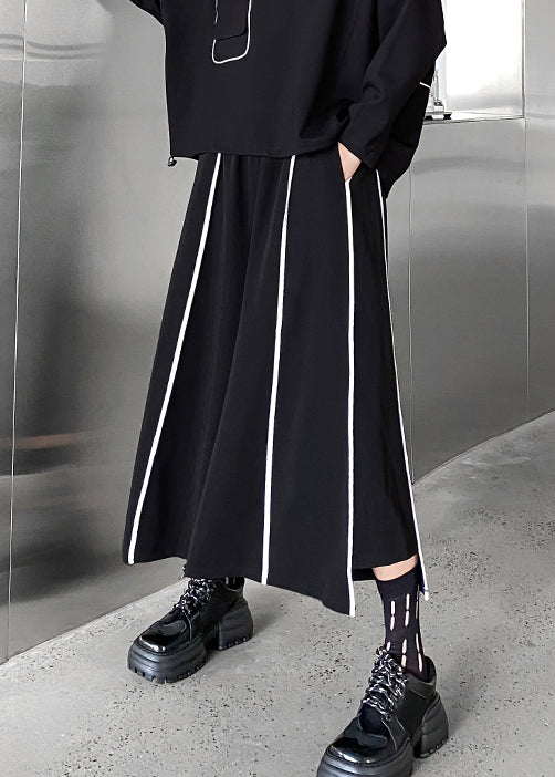 Loose Black Striped Elastic Waist Patchwork Cotton Wide Leg Pants Fall