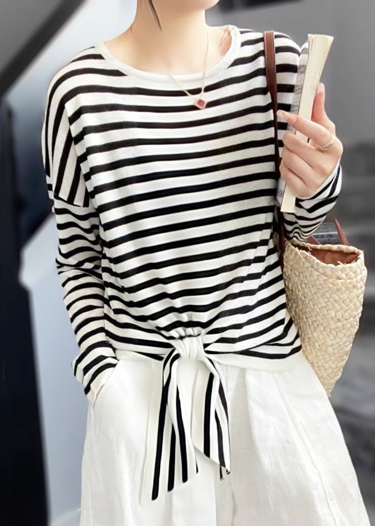 Loose Black Striped Lace Up Cotton T Shirt O Neck Spring