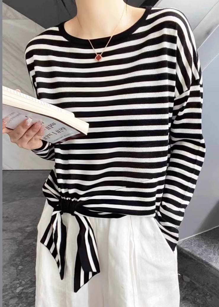 Loose Black Striped Lace Up Cotton T Shirt O Neck Spring