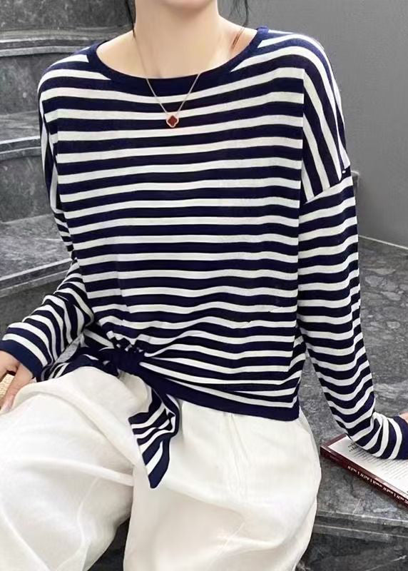 Loose Black Striped Lace Up Cotton T Shirt O Neck Spring