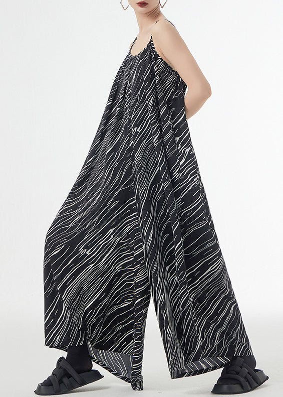 Loose Black Striped Patchwork Silk Cotton Wide Leg Jumpsuits Sleeveless