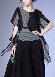 Loose Black Striped Patchwork Silk Tops Short Sleeve