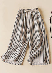 Loose Black Striped Pockets Elastic Waist Cotton Crop Pants Summer