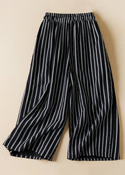 Loose Black Striped Pockets Elastic Waist Cotton Crop Pants Summer