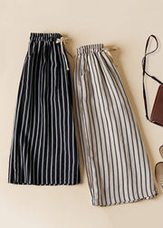 Loose Black Striped Pockets Elastic Waist Cotton Crop Pants Summer