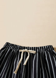 Loose Black Striped Pockets Elastic Waist Cotton Crop Pants Summer
