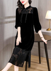 Loose Black Tulle Patchwork Side Open Silk Velour Dress Bracelet Sleeve