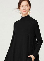 Loose Black Turtle Neck Solid Color Exra Large Hem Knitwear Dress Long Sleeve