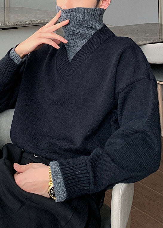 Loose Black Turtleneck Cozy Patchwork Knit Men Sweater Spring