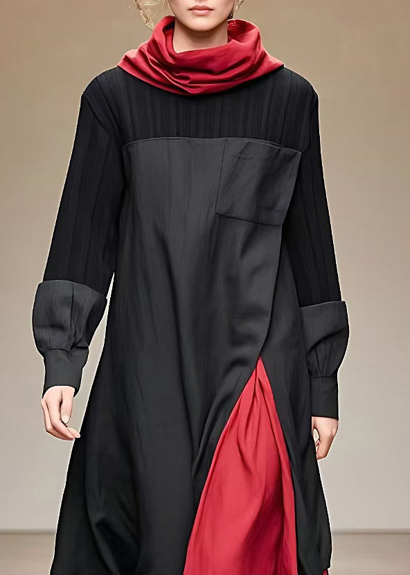 Loose Black Turtleneck Patchwork Long Dress Fall