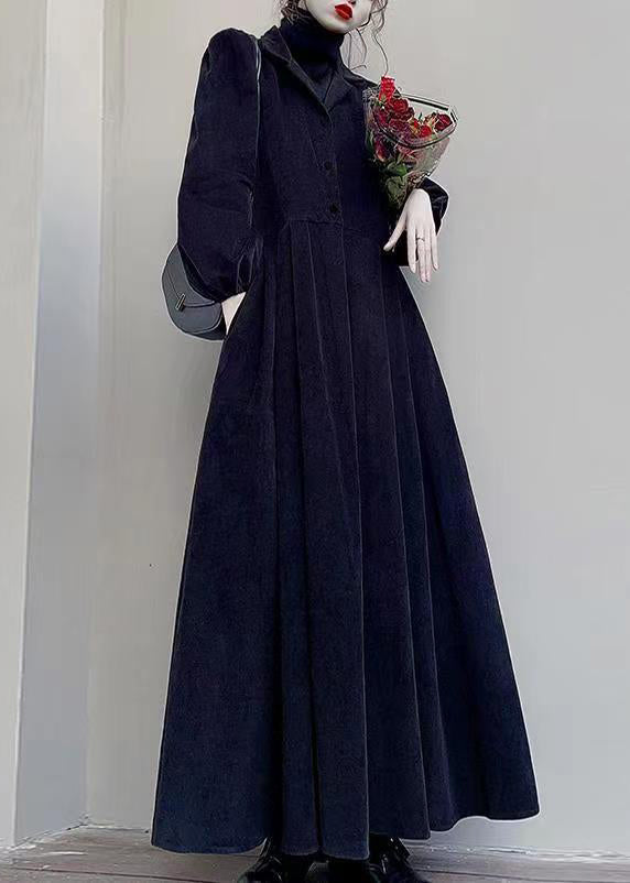 Loose Black Turtleneck Pockets Patchwork Corduroy Maxi Dress Fall